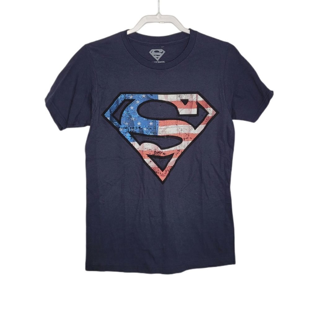 NEW SUPERMAN t-shirt American flag symbol navy blue tee S